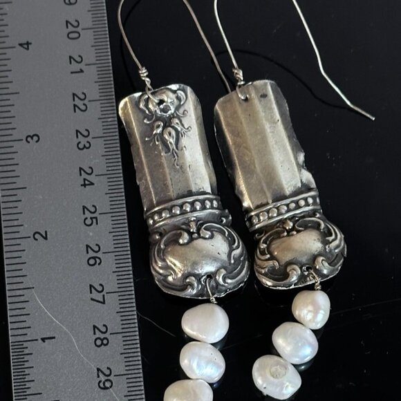 Natural Pearl Gemstone Sterling Silver 925 Earrings Handmade Victorian Spoon - Picture 2 of 7